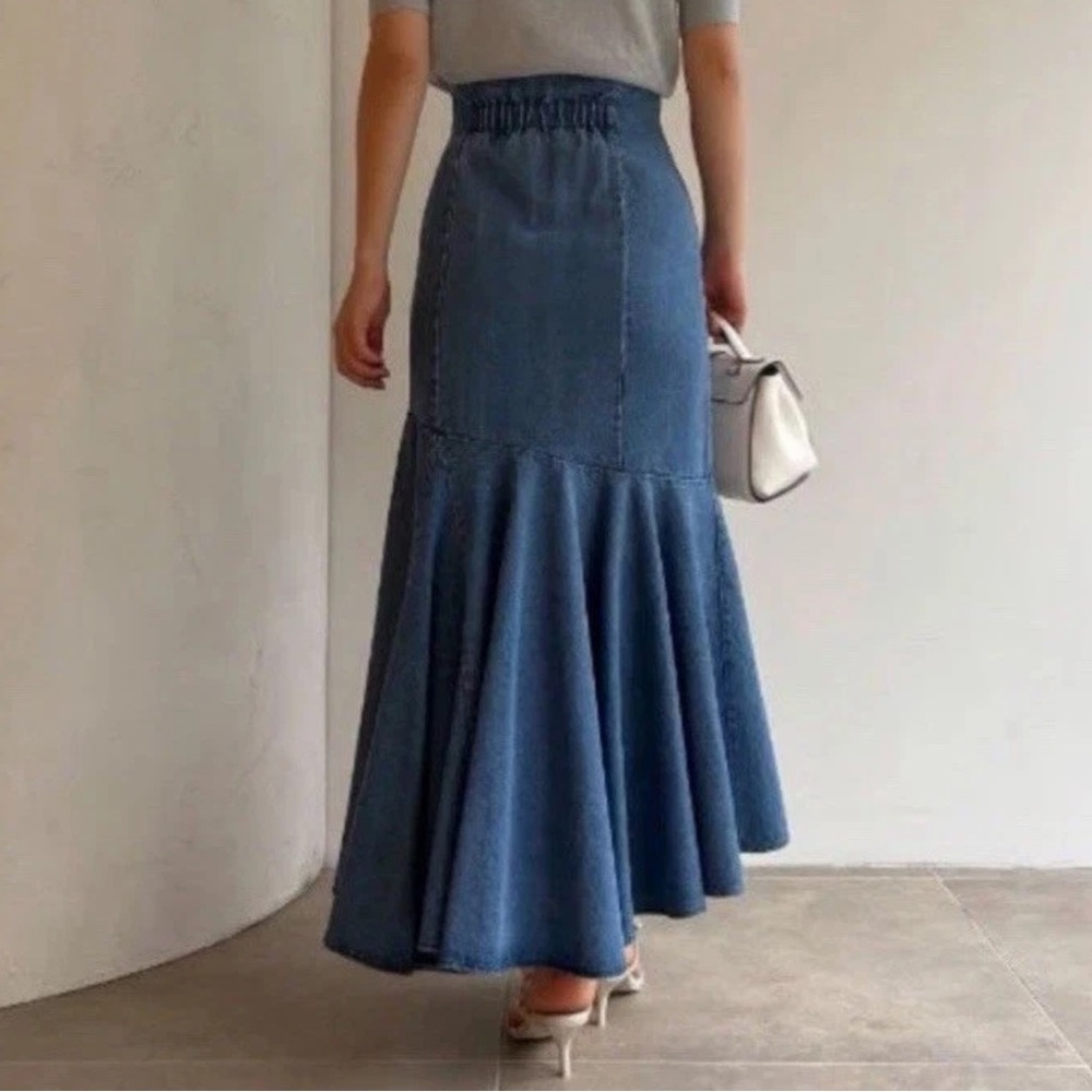 SNIDEL Denim Mermaid Maxi Skirt Hi-Low Hem Size 2 Japanese Brand - Picture 2 of 14